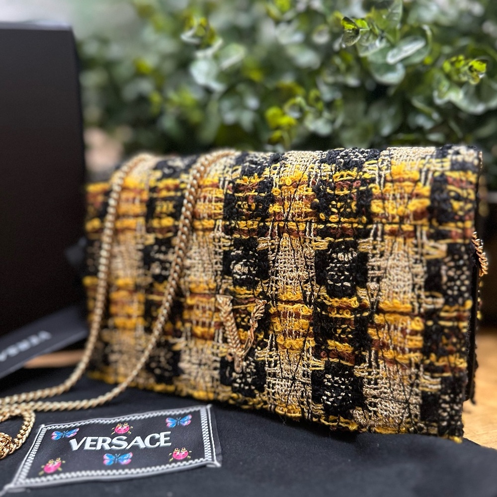 Versace Virtus mini metallic tweed evening bag